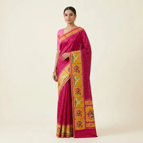 Banarasi_Kora_Silk_Saree_With_Peacock_Border_-_Magenta_Pink_And_Yellow