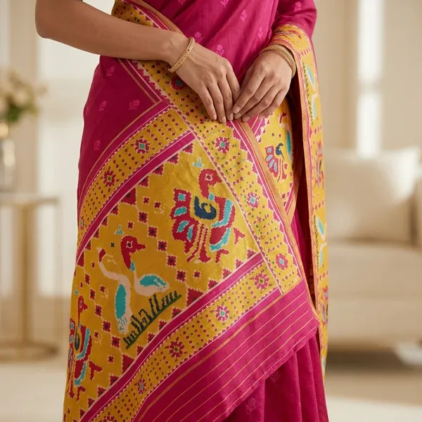 Banarasi_Kora_Silk_Saree_With_Peacock_Border_-_Magenta_Pink_And_Yellow