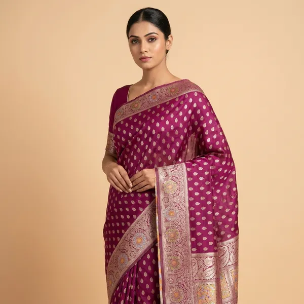 Magenta_Banarasi_Kota_Silk_Saree_With_Silver_Zari_Work_And_Floral_Motifs