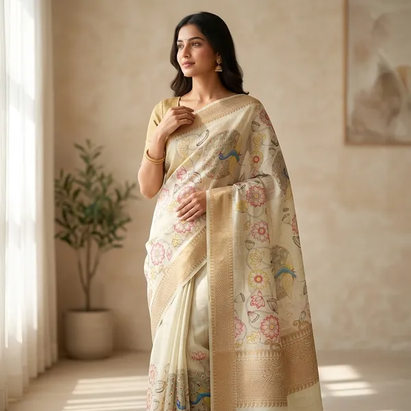 Elegant_Peacock_Printed_Linen_Silk_Saree_With_Floral_Motifs_-