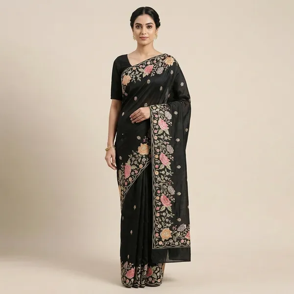 Black_Embroidered_Pure_Matka_Silk_With_Multicolor_Flowers
