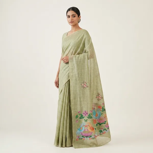 Green_Matka_Silkfabric_With_Floral_Bird_Hand_Embroidery_Saree