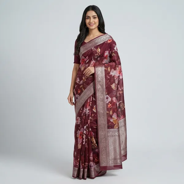 Maroon_Floral_Print_Pure_Organza_Silk_Saree_With_Benarsi_Border