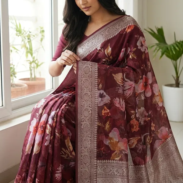 Maroon_Floral_Print_Pure_Organza_Silk_Saree_With_Benarsi_Border