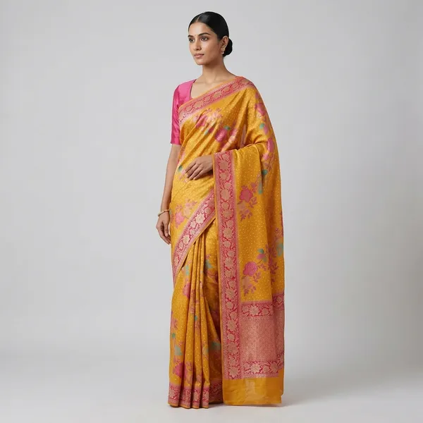 Mustard_Yellow_Silk_Saree_With_Floral_Embroidery_And_Red_Border