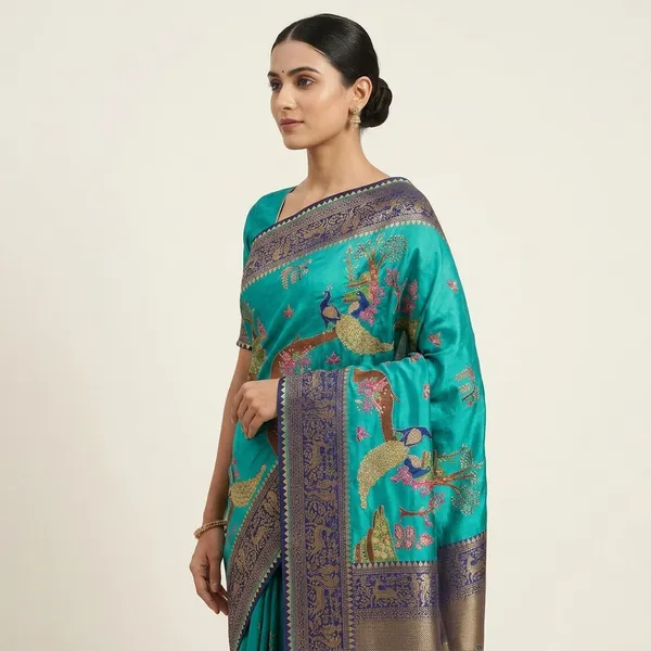 Turquoise_Embroidered_Peacock_Benarasi_Silk_Saree_With_Blue_Border