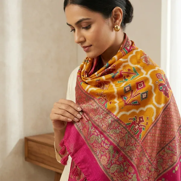 Traditional_Mustard_Yellow_Rangkat_Benarasi_Patola_Saree_With_Pink_Border