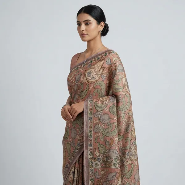 Hand-Painted_Kalamkari_Raw_Tusser_Saree_With_Floral_And_Paisley_Motifs