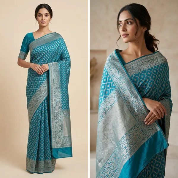 Turquoise_Blue_Banarasi_Tusser_Silk_Saree_With_Golden_Zari_Pitha_Work
