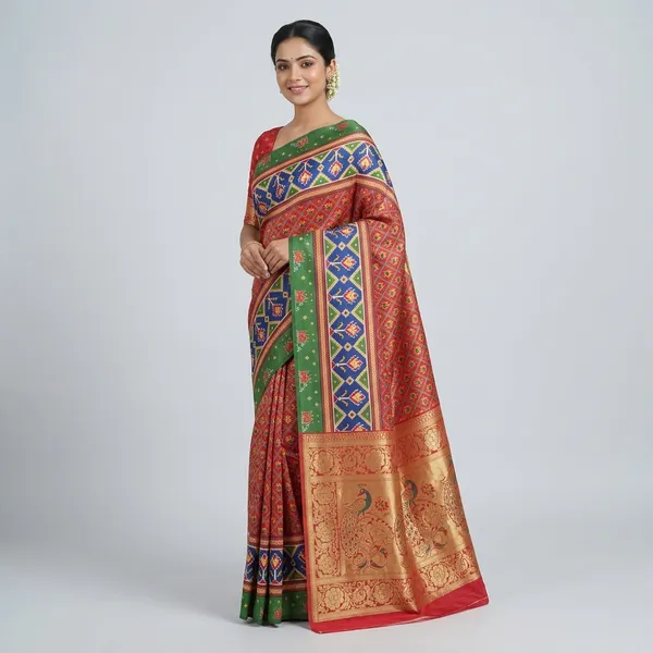 Traditional_Multicolor_Patola_Print_Munga_Tusser_Silk_Saree_With_Gold_Border