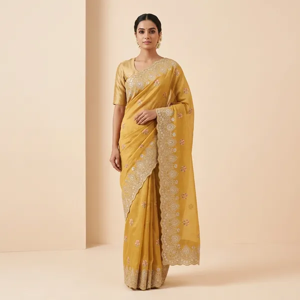 Yellow_Embroidered_Pure_Handloom_Tusser_Silk_Saree_With_Floral_Peeta_Work