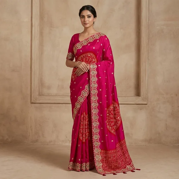 Red_Bandhani_Print_Pure_Soft_Gajji_Silk_Saree_With_Golden_Gota_Patti_Work_And_Tassels
