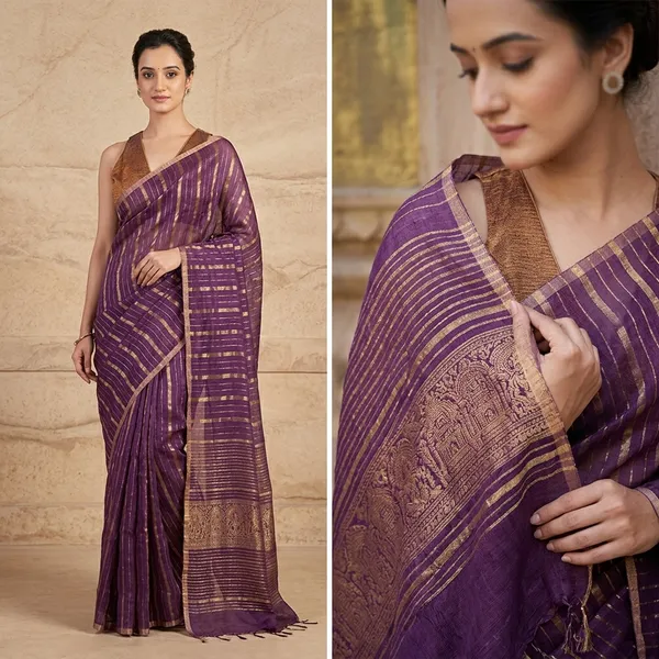 Purple_Striped_Linen_Silk_Saree