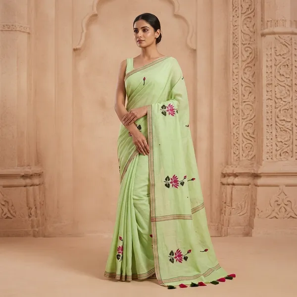 Elegant_Green_Mulmul_Saree_With_Embroidered_Lotus_Floral_Motifs_And_Tassels