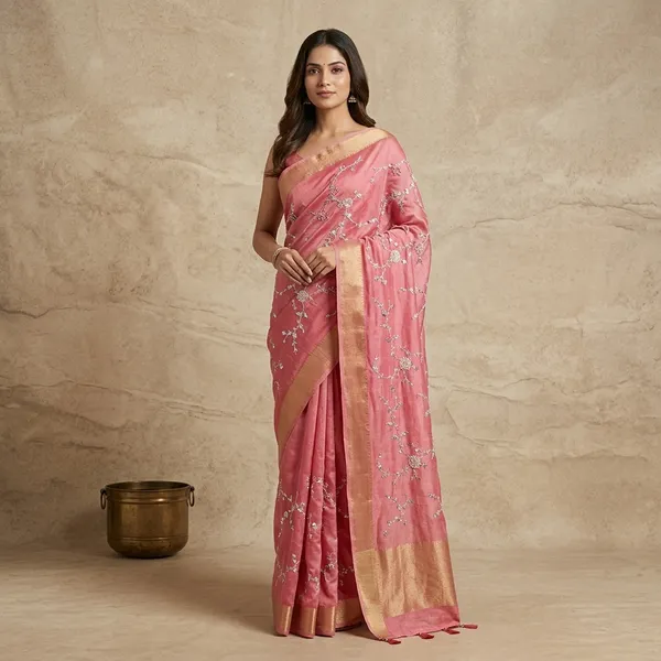 Pink_Pure_Munga_Soft_Silk_Saree_With_Silver_Floral_Embroidery_And_Golden_Benarasi_Border
