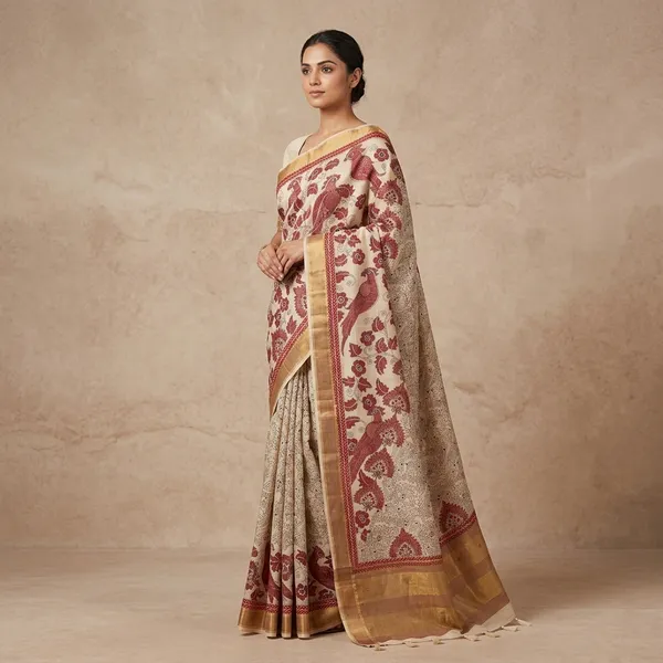 Beige_Gaji_Silk_Saree_With_Red_Kantha_Print_Paisley_Design_And_Gold_Border