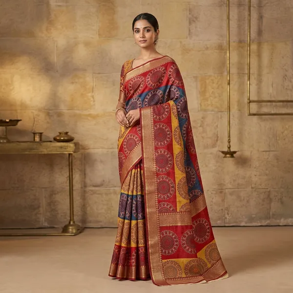 Traditional_Banarasi_Silk_Saree_With_Intricate_Circular_Motifs_And_Zari_Border