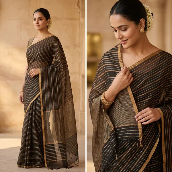 Golden_Striped_Chocolate_Brown_Handloom_Linen_Silk_Saree_-_Festive_&_Wedding_Wear