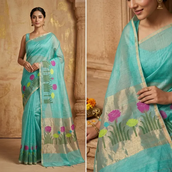 Turquoise_Jamdani_Linen_Silk_Saree_With_Floral_Weave_And_Golden_Tissue_Pallu_R