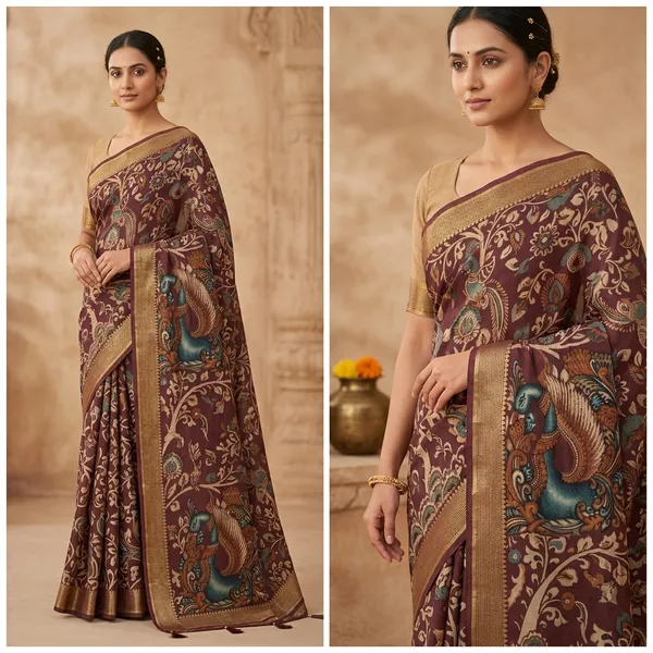 Traditional_Gaji_Silk_Kalamkari_Peacock_Print_Saree_With_Golden_Border