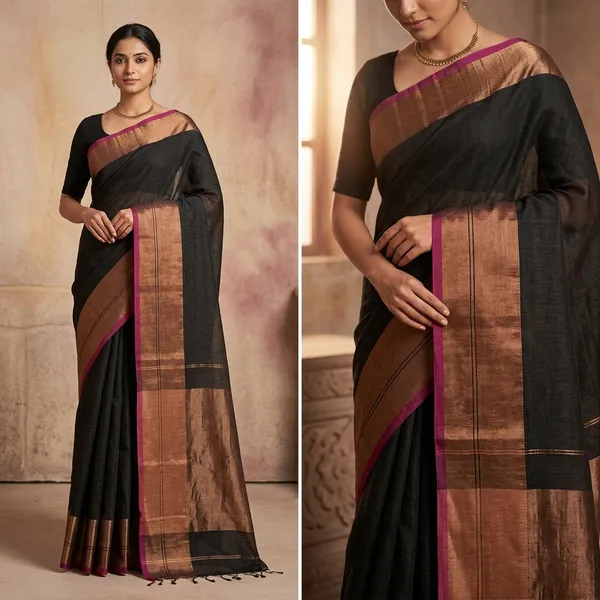 Elegant_Black_Pure_Handoom_Linen_Silk_Saree_With_Tissue_Pallu