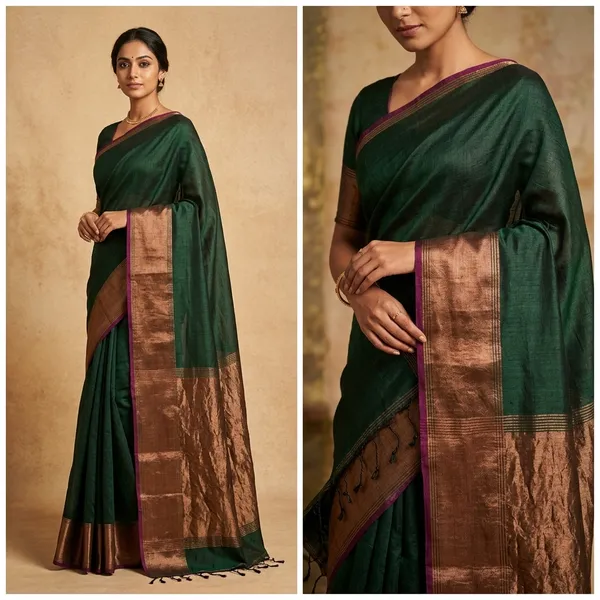 Traditional_Pure_Handloom_Linen_Silk_Saree_With_Rich_Golden_Tissue_Pallu