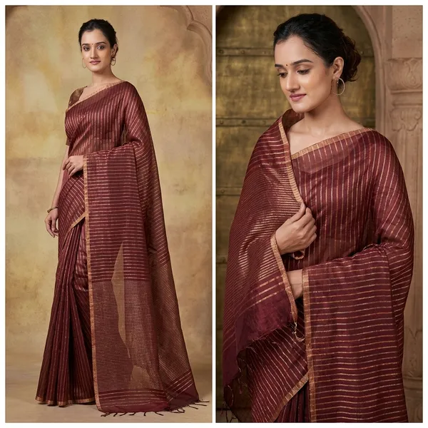 Luxurious_Maroon_Pure_Linen_Silk_Striped_Saree