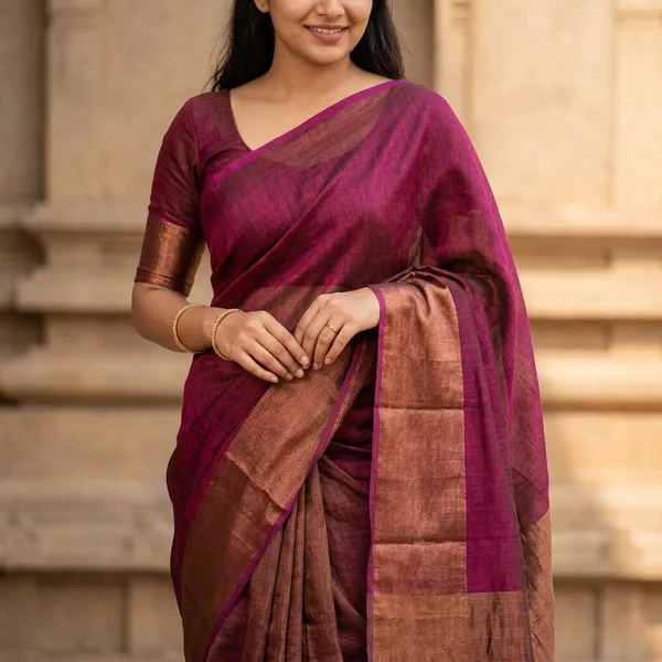Pure_Linen_Silk_Saree_With_Zari_Tissue_Pallu_-_Magenta_And_Gold