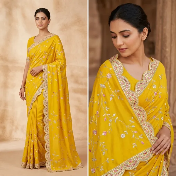 Yellow_Pure_Munga_Soft_Silk_Floral_Silver_Embroidered_Saree_With_Scalloped_Border