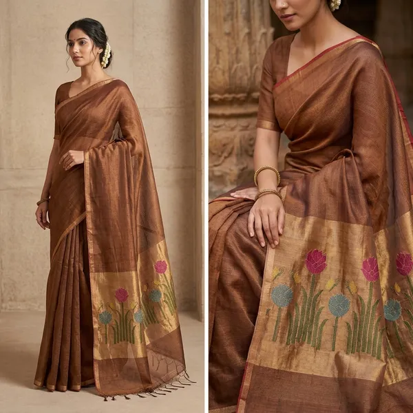 Traditional_Brown_Jamdani_Linen_Silk_Saree_With_Lotus_Motif_Border