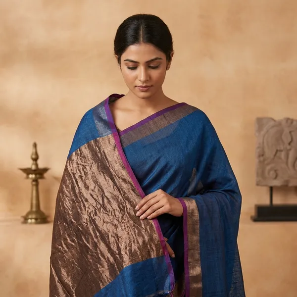Blue_And_Gold_Traditional_Pure_Linen_Silk_Saree_With_Purple_Border
