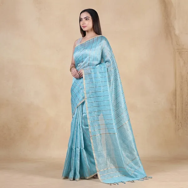Sky_Blue_Pure_Linen_Silk_Striped_Saree_With_Silver_Border