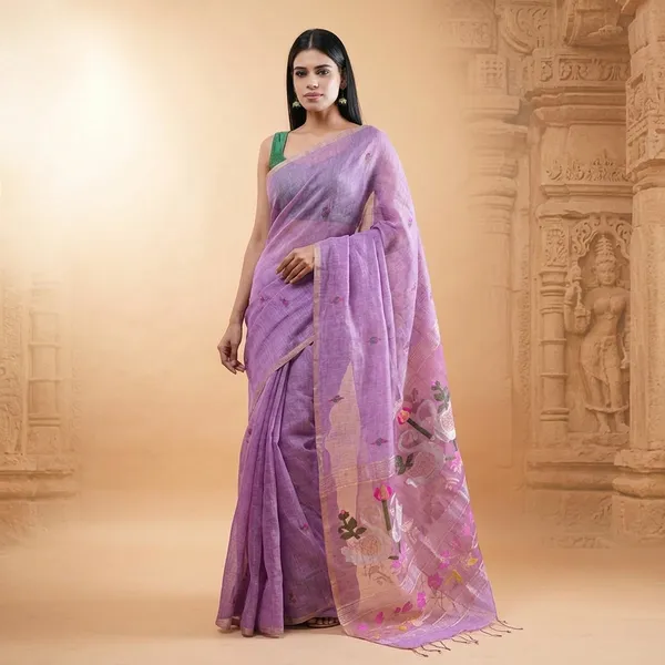 Lavender_Purple_Pure_Jamdani_Linen_Silk_Saree_With_Floral_Motifs