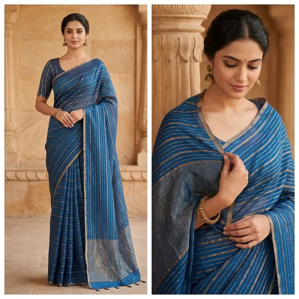 Blue_And_Black_Striped_Saree_With_Traditional_Border