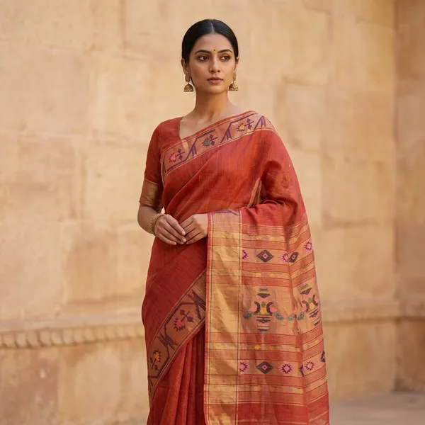 Traditional_Red_Jamdani_Linen_Silk_Saree_With_Woven_Golden_Border_And_Floral_Motifs