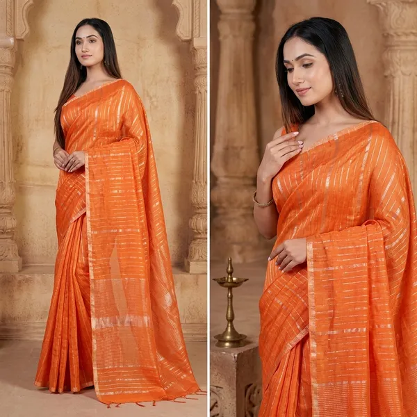 Orange_Linen_Silk_Saree_With_Golden_Zari_Border_And_Pallu_-_Traditional_Indian_Ethnic_Wear