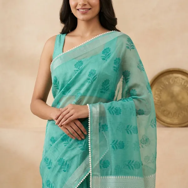 Floral_Printed_Tissue_Organza_Saree_With_Moti_Beads_Border_-_Turquoise_Blue