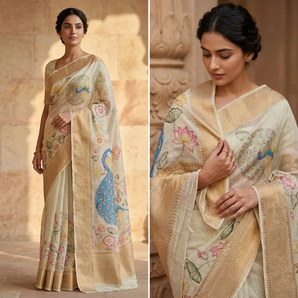 Elegant_Peacock_Printed_Linen_Silk_Saree_With_Floral_Motifs_-