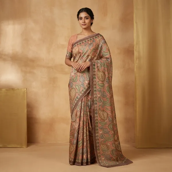 Hand-Painted_Kalamkari_Raw_Tussar_Saree_With_Floral_And_Paisley_Motifs