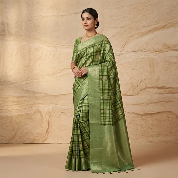 Green_Pure_China_Silk_Banarasi_Checkered_Saree