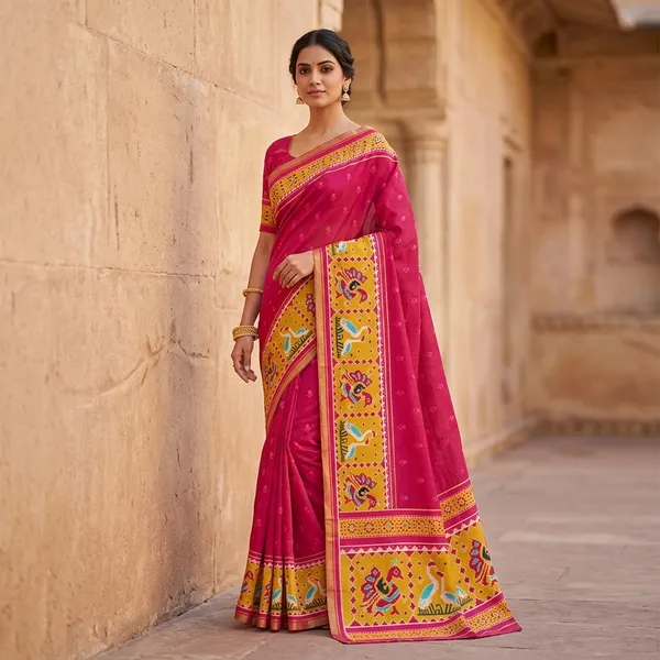 Banarasi_Kora_Silk_Saree_With_Peacock_Border_-_Magenta_Pink_And_Yellow