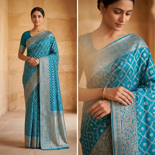 Turquoise_Blue_Banarasi_Tussar_Silk_Saree_With_Golden_Zari_Pitha_Work