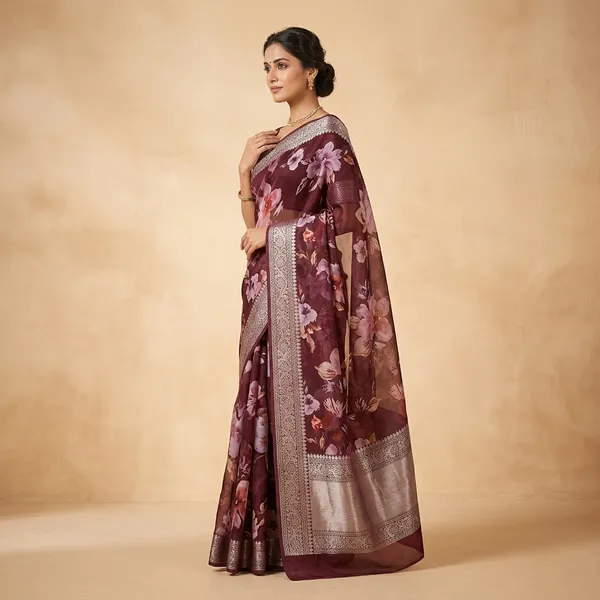Maroon_Floral_Print_Pure_Organza_Silk_Saree_With_Banarasi_Border