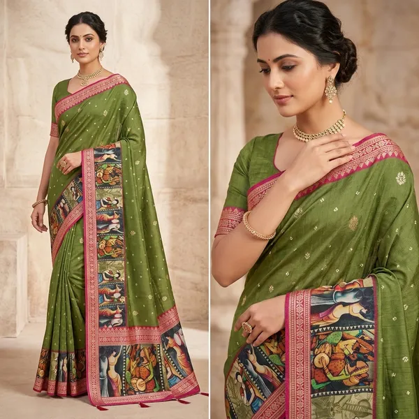 Olive_Green_Mnga_Crape_Silk_Saree_With_Kalamkari_Border
