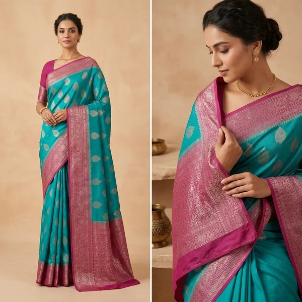 Turquoise_Blue_Banarasi_Silk_Saree_With_Pink_Zari_Border
