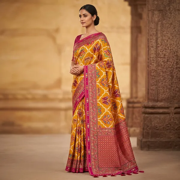 Traditional_Mustard_Yellow_Rangkat_Banarasi_Patola_Saree_With_Pink_Border
