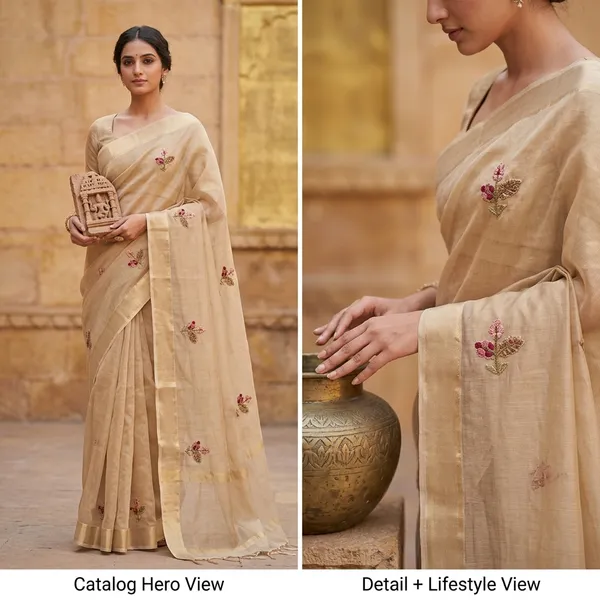 Elegant_Beige_Embroidered_Tissue_Silk_Saree_With_Floral_Motifs