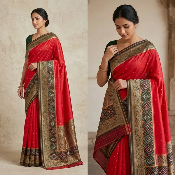 Red_Silk_Saree_With_Multicolor_Geometric_Border_And_Golden_Buti_Work