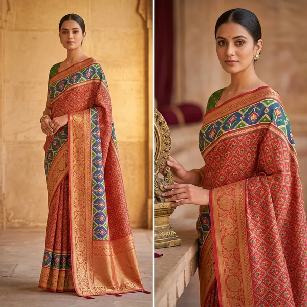 Traditional_Multicolor_Patola_Print_Munga_Tussar_Silk_Saree_With_Gold_Border
