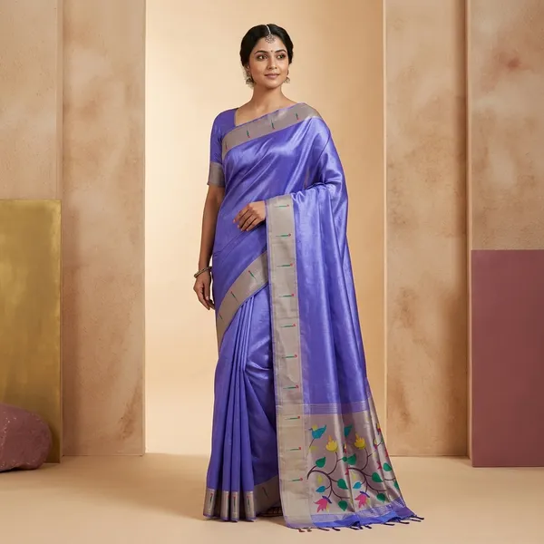 Blue_Silk_Saree_With_Paithani_Weaving_Floral_Border